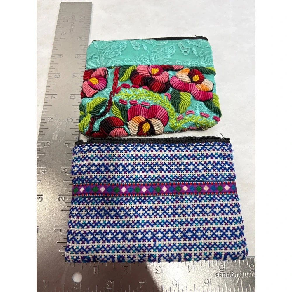 Mexican Handcrafted Embroidered Floral & Geometric Cotton Coin Purse Pouch Set 2